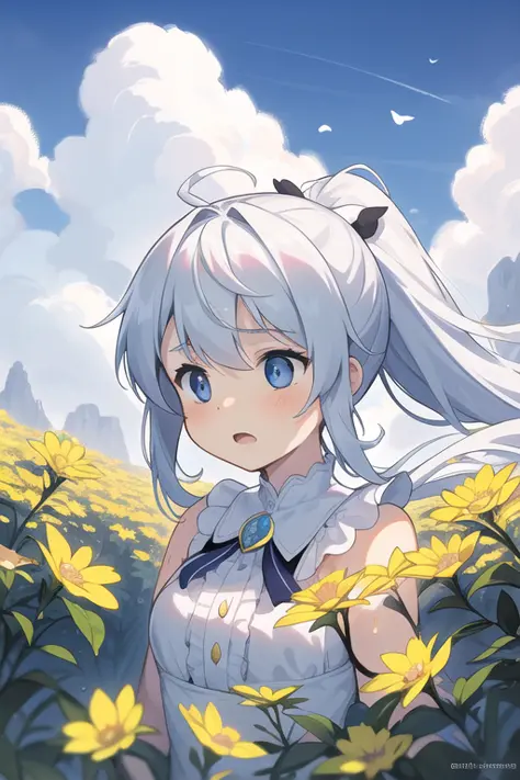 super fine illustration,masterpiece, best quality,{beautiful detailed eyes},1girl,finely detail,Depth of field, 4k wallpaper,bluesky,cumulus,wind,insanely detailed frills,extremely detailed lace,BLUE SKY,very long hair,Slightly open mouth,high ponytail,silver hair,small Breasts,cumulonimbus capillatus,slender waist,There are many scattered luminous petals,Hidden in the light yellow flowers,Depth of field,She bowed her head in frustration,Many flying drops of water,Upper body exposed,Many scattered leaves,branch ,angle ,contour deepening,cinematic angle ,{{{Classic decorative border}}}