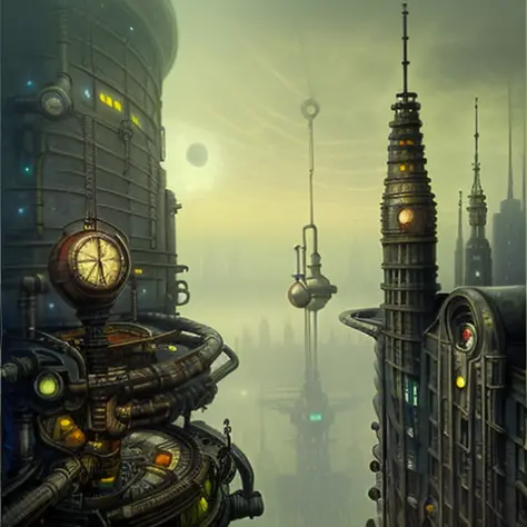 Steampunk futuristic warsaw in 2055 landscape without humans  newhorrorfantasy_style