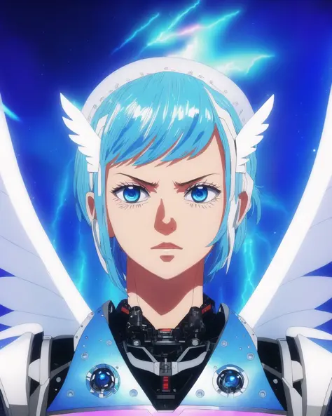 side bangs! robot arms! closeup! light baby blue hair, cloud background, masterpiece, cyborg, 19 year old young woman, best qual...