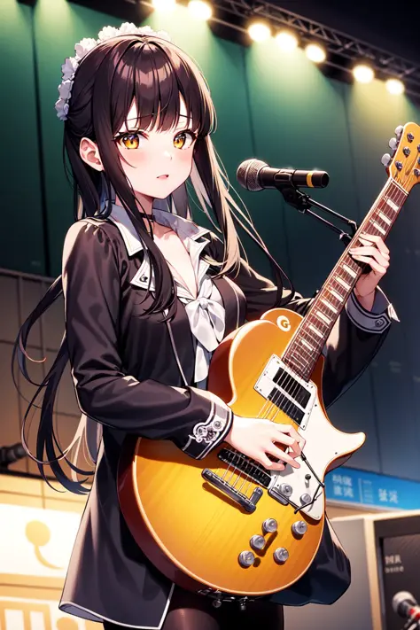 Masterpiece, best quality, 1girl, (Houraisan Kaguya), Black Hair, Very Long Hair, Hime Cut, Blunt Bangs, Brown Eyes, Adapted Costume, Playing Electric Guitar, Rock Band, Stage Lights, Cinematic Lighting, Solo, Gibson Les Paul