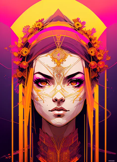 nvinkpunk (symmetry:1.1) (portrait of floral:1.05) a woman as a beautiful goddess, (assassins creed style:0.8), pink and gold and opal color scheme, beautiful intricate filegrid facepaint, intricate, elegant, highly detailed, digital painting, artstation, concept art, smooth, sharp focus, illustration, art by greg rutkowski and alphonse mucha, 8k