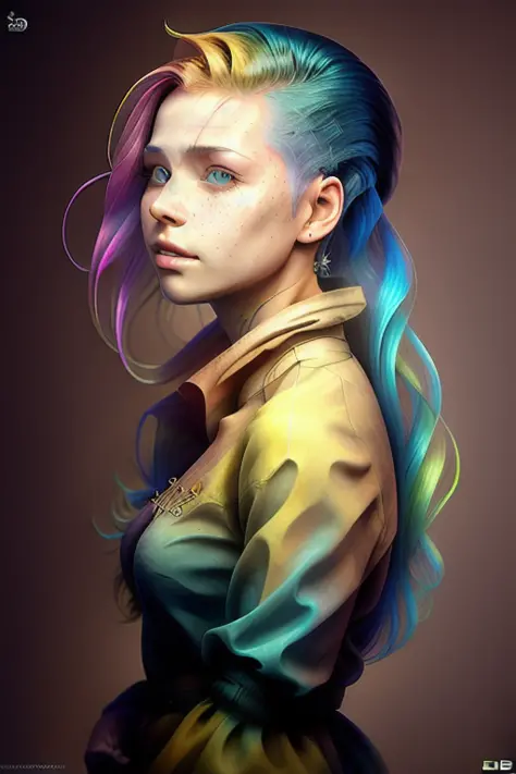 realistic digital portrait of a young woman looking at far, (ocean in the background), blue_sky, intricate iridescent rainbow ha...