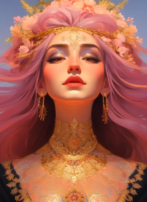 samdoesarts style (symmetry:1.1) (portrait of floral:1.05) beautiful goddess, (assassins creed style:0.8), pink and gold and opal color scheme, beautiful intricate filegrid facepaint, intricate, elegant, highly detailed, digital painting, artstation, concept art, smooth, sharp focus, illustration, art by greg rutkowski and alphonse mucha, 8k