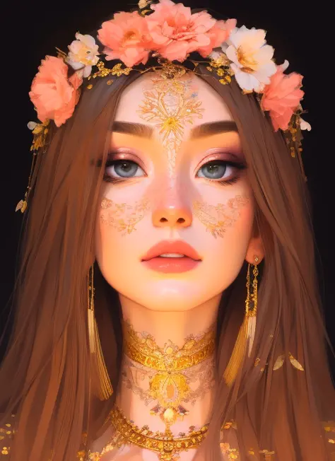 samdoesarts style (symmetry:1.1) (portrait of floral:1.05) beautiful goddess, (assassins creed style:0.8), pink and gold and opal color scheme, beautiful intricate filegrid facepaint, intricate, elegant, highly detailed, digital painting, artstation, concept art, smooth, sharp focus, illustration, art by greg rutkowski and alphonse mucha, 8k