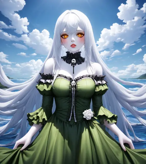 best quality, 1girl, dress, solo, water, outdoors, cloud, breasts, sky, frills, lips, skull, ocean, long hair, green dress, pale...