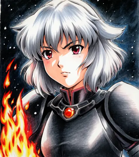 highres, best quality, traditional media, 1girl, warrior, black as night, black armour, flames, by artist Yoshiyuki Tomino, short hair