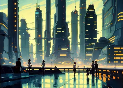 "star farm city", a far future sci-fi decopunk painting by greg manchess and makoto shinkai, trending on artstation, [:vibrant d...