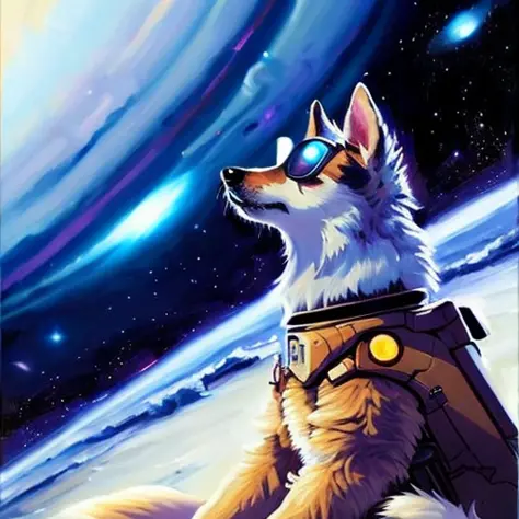 space dog, moody, salt and pepper punk hair, profile picture, cosmic background, steampunk fantasy painting by greg manchess and makoto shinkai, trending on artstation, [:vibrant digital painting:0.4]