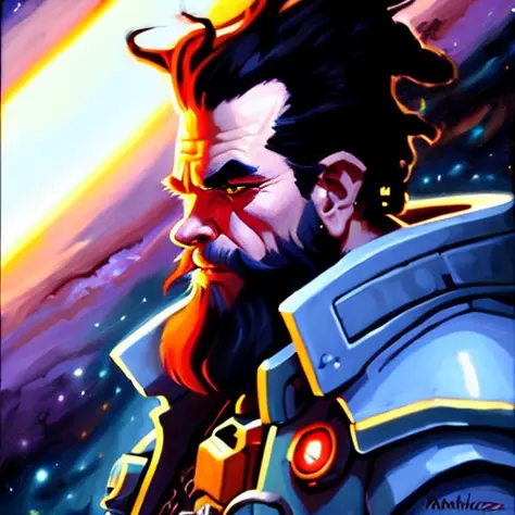 space dwarf, moody, punk hair, profile picture, cosmic background, steampunk fantasy painting by greg manchess and makoto shinka...