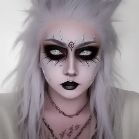 mikeidsk1, a woman with makeup,  blue eyes, extremely detailed gothic art, a cave painting, grunge aesthetic, cinematic, volumet...