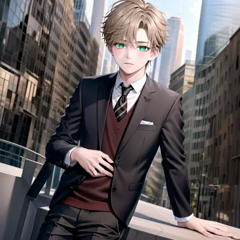 1boy, suit, blonde, lying, green eyes, city background