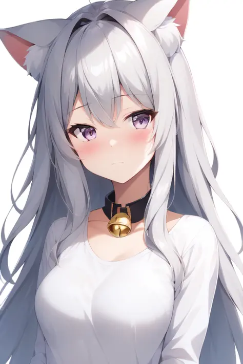 m_style, 1girl, solo, animal ears, long hair, looking at viewer, bell, upper body, bangs, closed mouth, animal ear fluff, hair between eyes, grey eyes, blush, grey hair, cat ears, neck bell, shirt