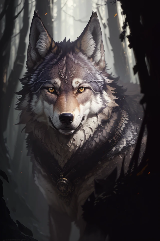 masterpiece,best quality,(( fine detailed wolf)) , (extremely detailed CG unity 8k wallpaper), professional majestic oil painting by Ed Blinkey, Atey Ghailan, Studio Ghibli, by Jeremy Mann, Greg Manchess, Antonio Moro, trending on ArtStation, trending on CGSociety, Intricate, High Detail, Sharp focus, dramatic, photorealistic painting art by midjourney and greg rutkowski