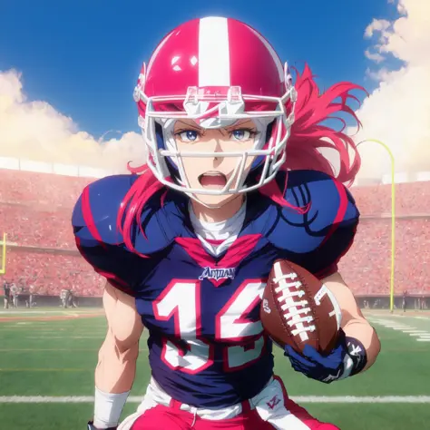 anime girl football player wearing light blue and white football uniform, (shoulder pads), pink hair, (football pads), sports anime, american football, long flowing hair, (large anime eyes), gridiron, (long hair), sportswear, shoulder pads, ((football helm...