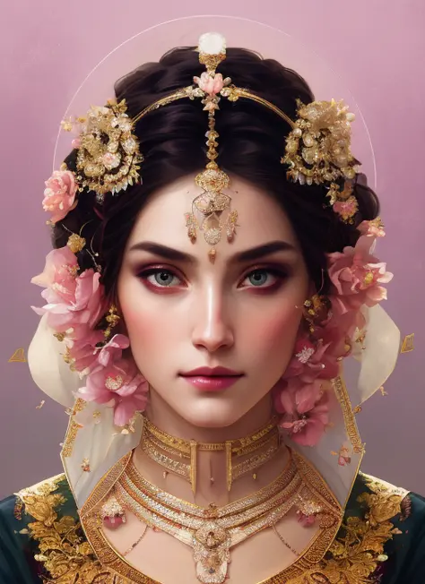 (symmetry:1.1) (portrait of floral:1.05) a woman as a beautiful goddess, (assassins creed style:0.8), pink and gold and opal color scheme, beautiful intricate filegrid facepaint, intricate, elegant, highly detailed, digital painting, artstation, concept art, smooth, sharp focus, illustration, art by greg rutkowski and alphonse mucha, 8k