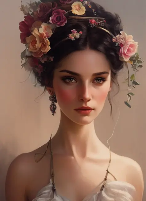 charlie bowater realistic lithography sketch portrait of a woman, flowers, [gears], pipes, dieselpunk, multi-colored ribbons, ol...