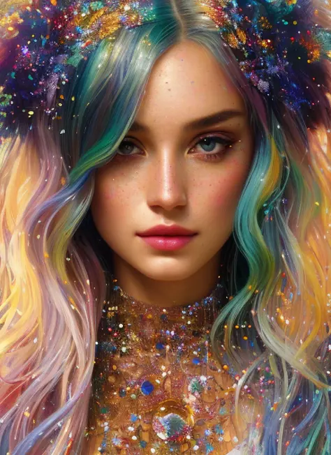 photorealistic painting ((full body)) portrait of ((stunningly attractive)) a woman at a music festival, ((perfect feminine face)), (+long colorful wavy hair), (+glitter freckles), glitter, wearing a dress, intricate, 8k, highly detailed, volumetric lighting, digital painting, intense, sharp focus, art by artgerm and rutkowski and alphonse mucha, cgsociety