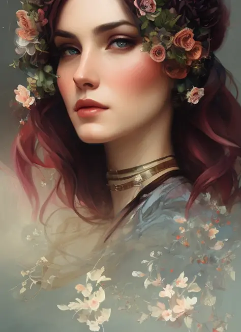 Charlie Bowater realistic Lithography sketch portrait of a woman, flowers, [gears], pipes, dieselpunk, multi-colored ribbons, old paper texture, highly detailed