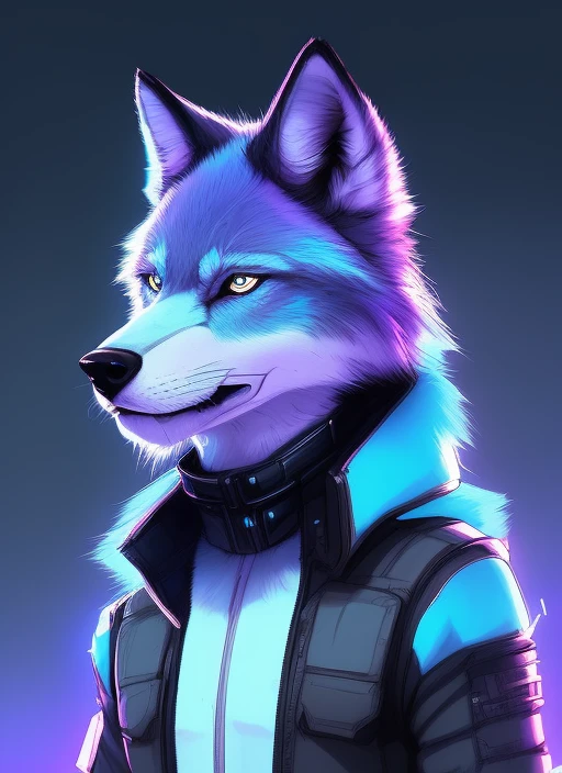 award winning beautiful portrait commission of a male furry anthro Blue wolf fursona with a tail and a cute beautiful attractive 詳細的 furry face wearing stylish black cyberpunk clothes in a cyberpunk city at night while it rains. 角色設計：查理鮑沃特, 罗斯·陈, 藝術胚芽, 和新海誠, 詳細的, 墨迹, 西洋漫畫藝術