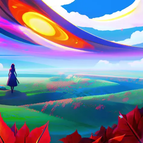 (glitchstick:1) anime, pretty woman looks at a giant flower in the sky, anime, digital art, trending on artstation, hd, 8 k, sha...