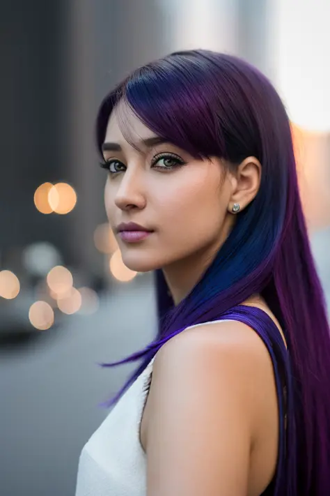 Portrait of Girl with purple hair and with cute face, In Cyberpunk city, perfect composition, hyperrealistic, super detailed, 8k...
