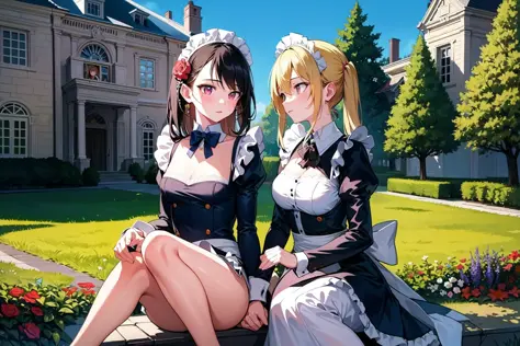 masterpiece, best quality, illustration, colorful, mansion, garden, yuri, 2girls, detailed face, maid