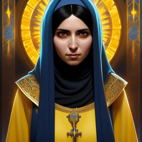 portrait of a middle - eastern female cleric with straight black hair wearing blue and yellow vestments casting fireball, fantasy, highly detailed, digital painting, artstation, concept art, character art, art by greg rutkowski and tyler jacobson and alphonse mucha