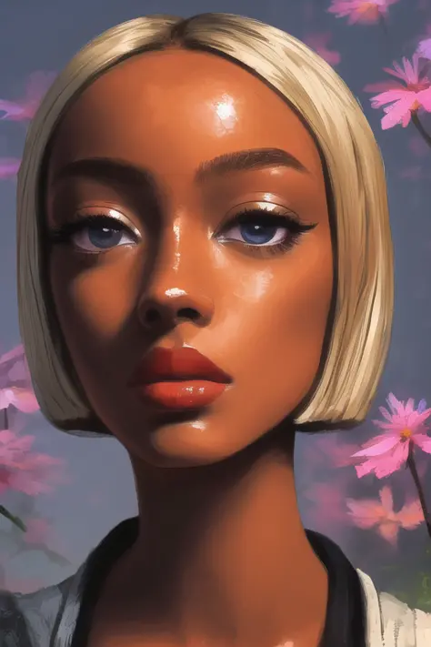 cmodel, digital illustration, (masterpiece:1.2), high quality, detailed eyes, extremely beautiful young African American female, short hair, streetwear, skinny, (abs:1.2), (bloom:1.2)