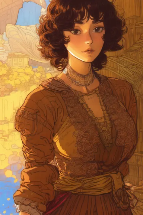 cmodel, digital illustration, highly detailed, smooth, sharp focus, intricate, beautiful, elegant, artstation, very beautiful brown young woman, perfect face, short black hair, scrapper, mage, Eiichiro Oda, Guido Crepax, Posuka Demizu, Jules Bastien-Lepage