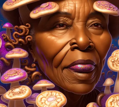 face of black old woman rippled with colorful mushrooms across his face in the style of matthew barney, geoff darrow, gregory cr...