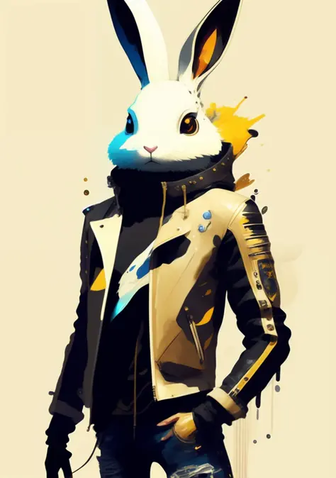 cartoon white humanoid rabbit with large white eyes leather jacket, ripped skinny jeans and gold front teeth riding a suzuki 3d ...