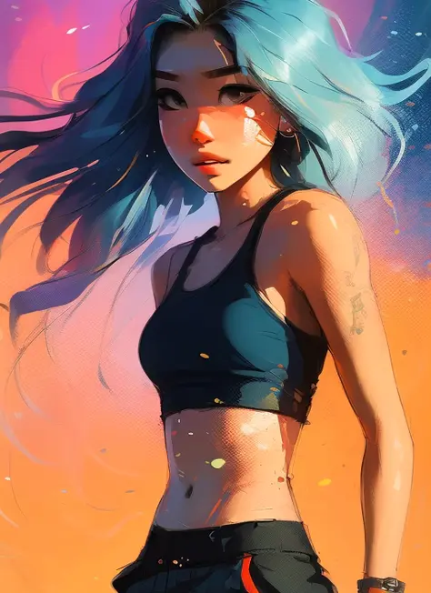 samdoesarts award winning half body portrait of a woman in a croptop and cargo pants with ombre navy blue teal hairstyle with he...