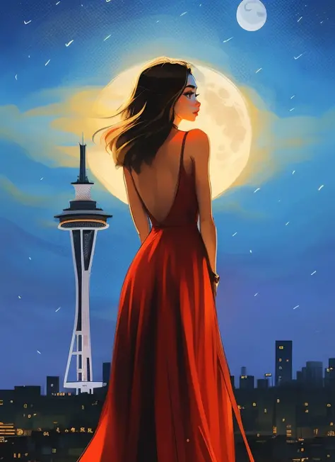 woman wearing a red dress, standing in front of the space needle, under the moon, samdoesarts