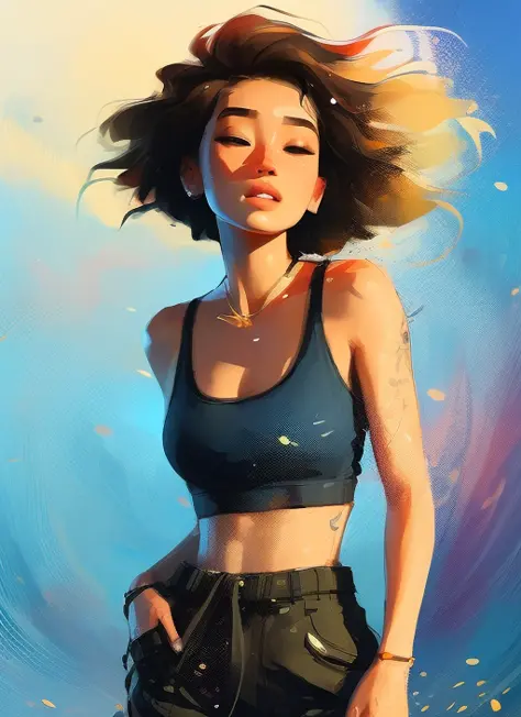 samdoesarts style award winning half body portrait of a beautiful woman in a croptop and cargo pants with ombre navy blue teal hairstyle with head in motion and hair flying, paint splashes, splatter, outrun, vaporware, shaded flat illustration, digital art, trending on artstation, highly detailed, fine detail, intricate