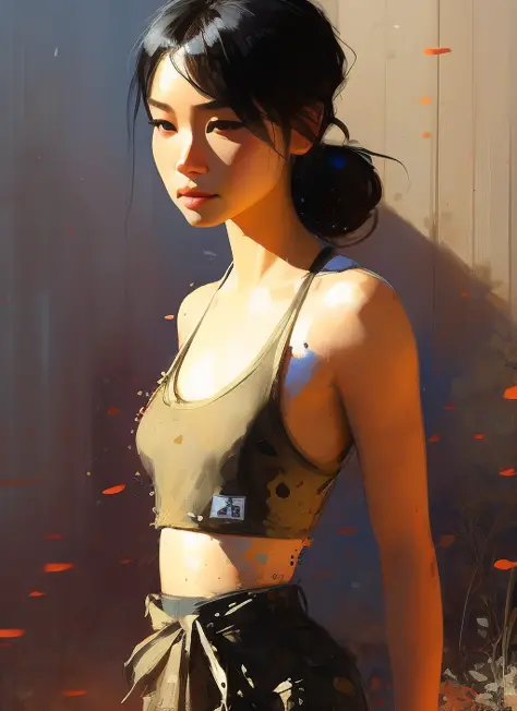 samdoesarts; award winning half body portrait of a beautiful woman in a croptop and cargo pants, military boots, standing on the...