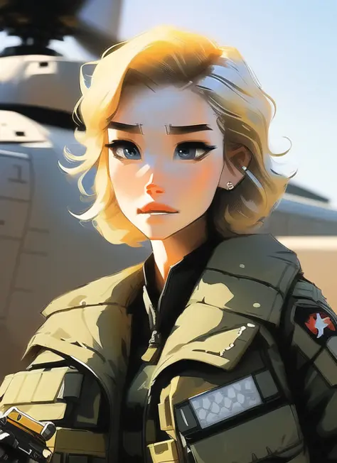 samdoesarts;  an image of woman with short blonde hair, with military gear, cargo pants, (intricate), (detailed), digital art,  ...
