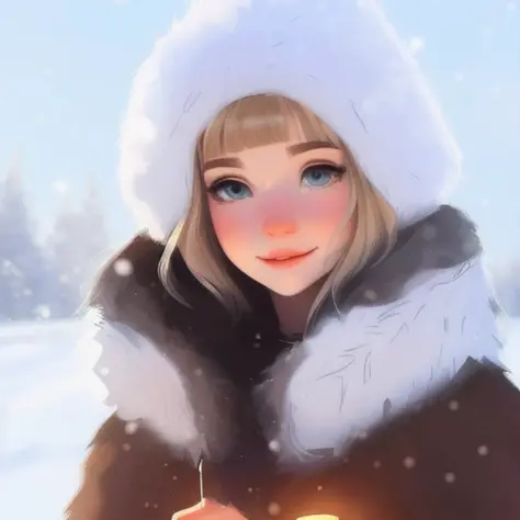 portrait of auraqw wearing a fur hood, rosy cheeks, cute, winter scene, samdoesarts