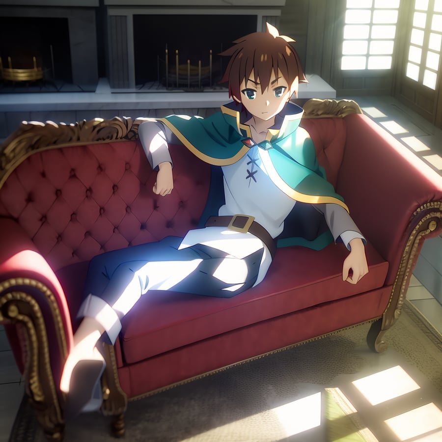 Anime character sitting on a red couch in a room - SeaArt AI