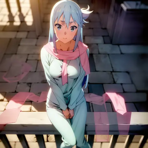 Aqua, blue pajamas, leaning on railing, pink scarf; mansion; sunlight; masterpiece; solo