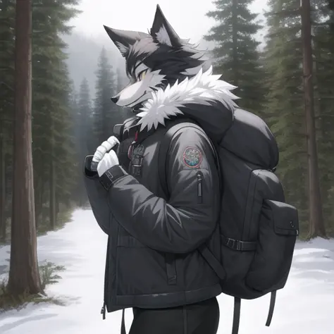 furry, fursona, anthro, wolf male, anthropomorphic, clothed, puffy jacket, backpack, (subject on the left), (background is fores...