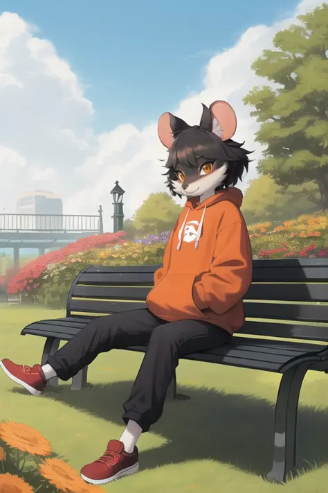 Furry, mouse female furry, anthro, fursona, anthropomorphic, flower field, fully clothed, baggy red-orange sweatshirt, baggy blu...