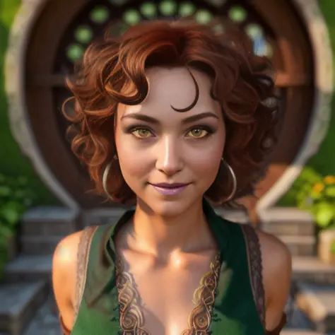 (((Front Facing View))), (Highly Detailed, HD), Beautiful, Stunning, Portrait, Character, (hobbit), feminine features, Woman, (adult), figure, mischevious expression, jovial air, ((tan)) skin, green eyes, short curly ((red)) hair, (smirk), smile, confident...