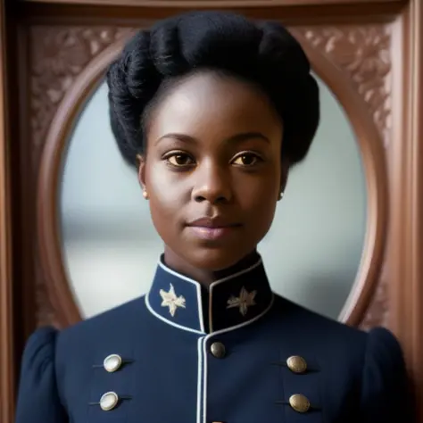 (((Front Facing View))), (Highly Detailed, HD), Beautiful, Stunning, Portrait, Character, young adult, woman, figure, jovial expression, dark skintone, relaxed black hair, dark brown eyes, wearing black victorian era military uniform, stiff fabric with blue stitching, (Symmetrical Detailed Eyes)
