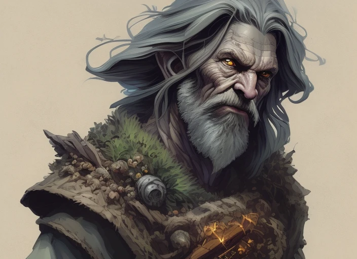 High Angle  detailed ((dnd druid   man  portrait)),  Continued , HD, (oil painting:1.1), (comic book art style:1.5),(inked outline:1.3), Stunning, Character, Portrait, (((Looking Sideways))), angular features, (darkgrey Graduated Bob Hair),  (muted natural colors:1.3) in painterly style by Jean Baptiste Monge ,