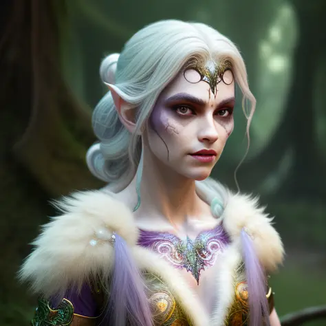 highly detailed photo of mysterious shy, curious (Hyperborean:1.1) in forest, detailed intricate ornate pale purple attire, fantasy style, fog background, hdr+, backlighting, (small smile:1.2), detailed face, detailed ornate hair, highest quality, unreal engine, (white eyes:1.3)