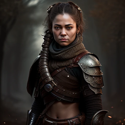 A (cropped shoulders:1.3) /* sharp focus, 8k uhd, dslr, high quality, film grain, */ (Woman:1.3) (Rogue:1.3) in brown and brown intricate (Deep Armor:1.3) in a (dark and moody universe:1.3), light particle, very detailed skin, samurai, very detailed eyes,