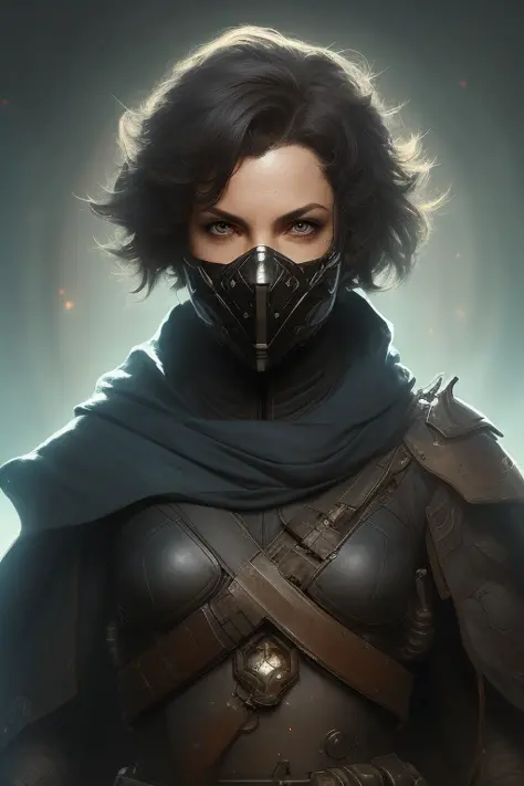 sci-fi, space rogue thief girl, (smirk:1.1), short hair, black hood, light armor, big grey eyes, beautiful detailed eyes, face mask, drawn by Greg Rutkowski, Yoji Shinkawa:0.6