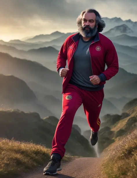 close up photo Karl Marx runs along the top of a mountain, in a tracksuit, professional photographer, kodak, dressed, Aheago, op...