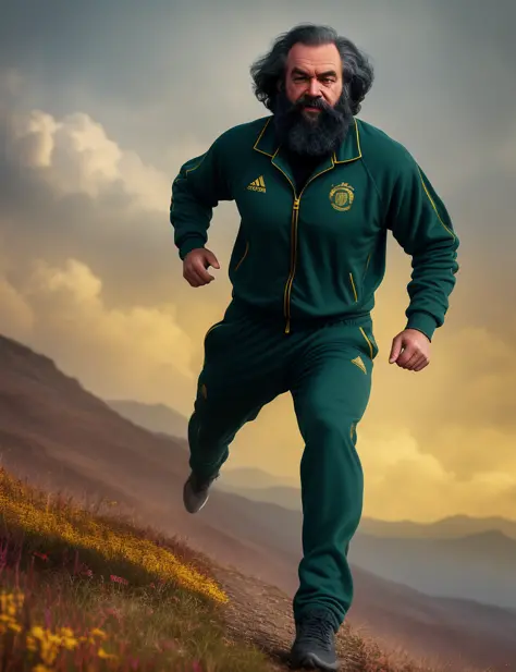 close up photo Karl Marx runs along the top of a mountain, in a tracksuit, professional photographer, kodak, dressed, Aheago, op...