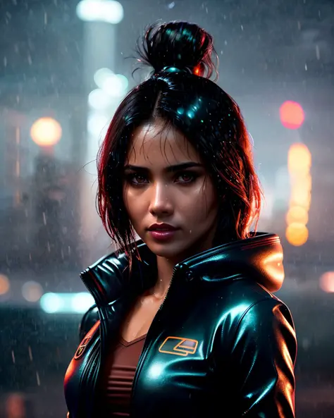 portrait photo of gorgeous athletic Latina replicant standing on rooftop in Los Angeles, wet, dark brown hair, Greek nose, high cheekbones, Blade Runner style, photorealistic, rainy night, beautiful lighting, bokeh, dutch angle, masterpiece, backlighting